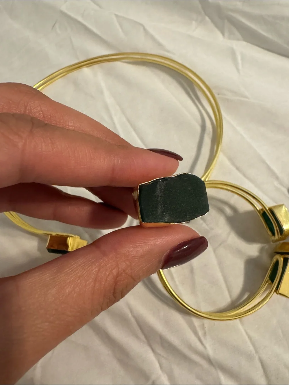 Gold Tone Jewelry Set with Natural Green Stone